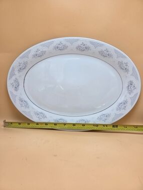 White Oval Serving Platter with Pale Blue Floral Trim